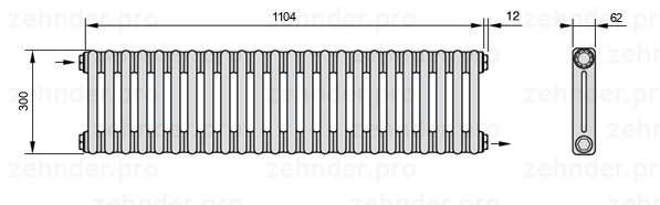 Схема (чертеж) Радиатор Zehnder Charleston 2030/24 №1670 Белый глянцевый RAL 9016